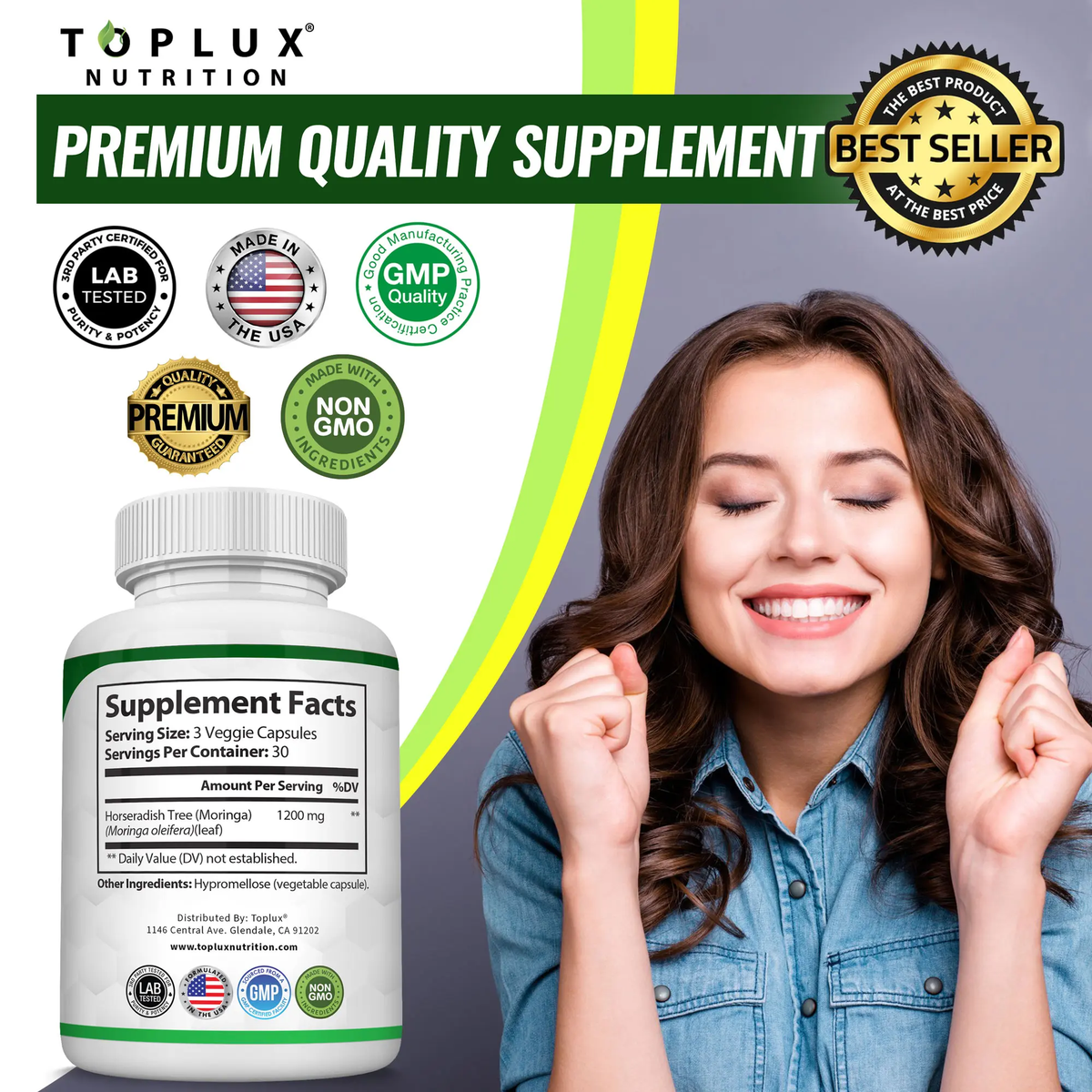 Toplux Moringa Capsules 1200mg - Premium Pure Moringa Powder for Immune and Digestive Health, 90 Capsules