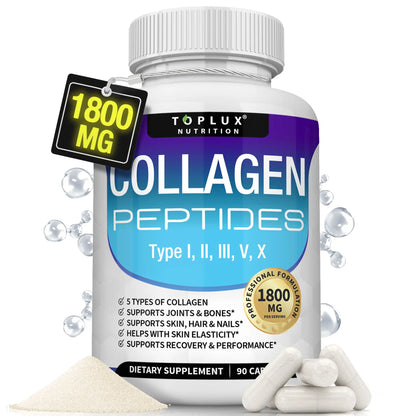 Toplux Nutrition Collagen Peptides 5 Types Complex 1800Mg US Made Dietary Supplement for Health Beauty Fitness 90 Capsules
