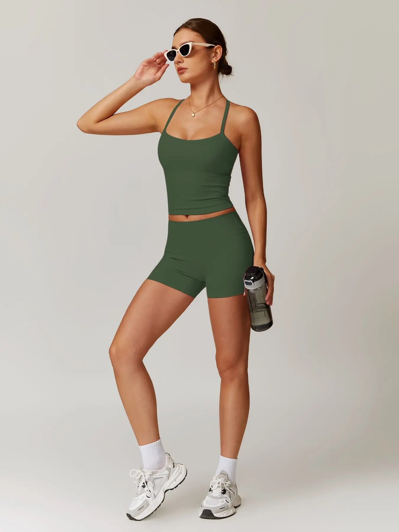 Two-Piece Set Women'S Solid Backless Cami Top & High Waist Shorts Tracksuit Set, Sleeveless Spaghetti Strap Crop Top & Skinny Shorts, Ladies Sportswear for Indoor Outdoor Wear, Gym Wear