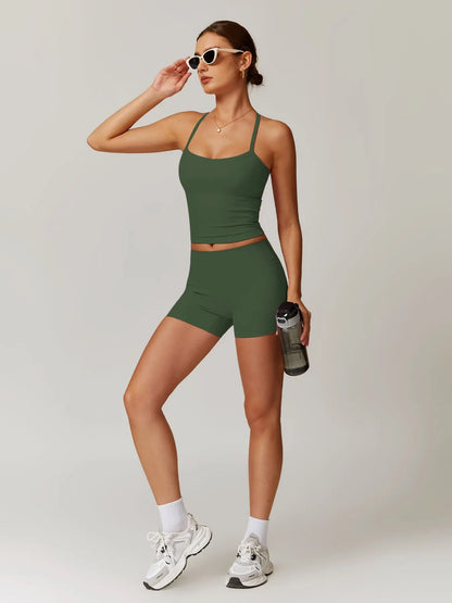 Two-Piece Set Women'S Solid Backless Cami Top & High Waist Shorts Tracksuit Set, Sleeveless Spaghetti Strap Crop Top & Skinny Shorts, Ladies Sportswear for Indoor Outdoor Wear, Gym Wear