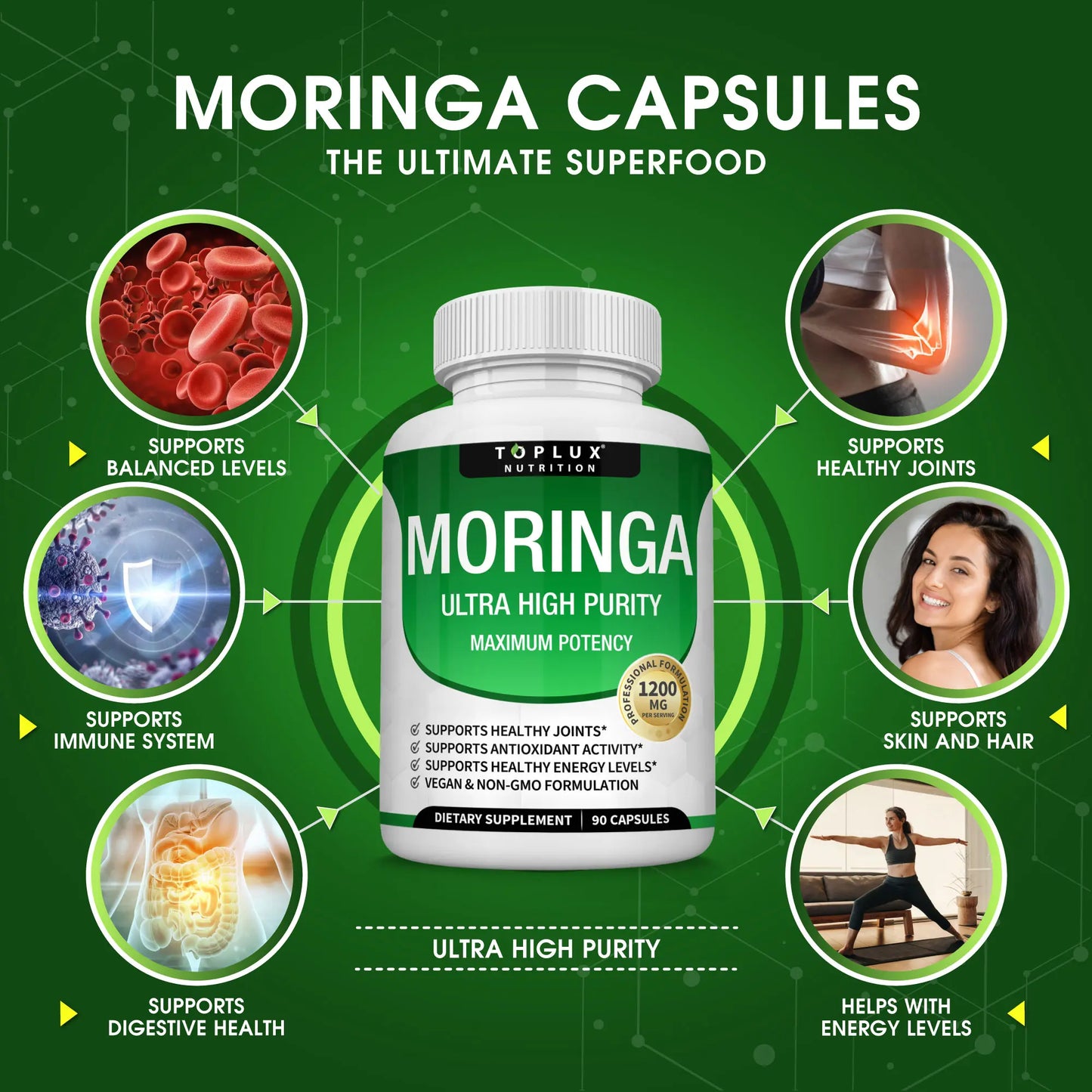 Toplux Moringa Capsules 1200mg - Premium Pure Moringa Powder for Immune and Digestive Health, 90 Capsules