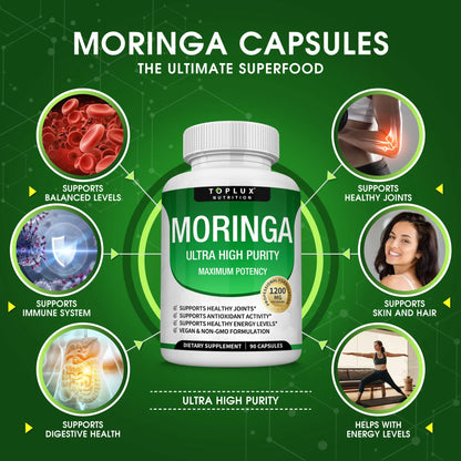 Toplux Moringa Capsules 1200mg - Premium Pure Moringa Powder for Immune and Digestive Health, 90 Capsules