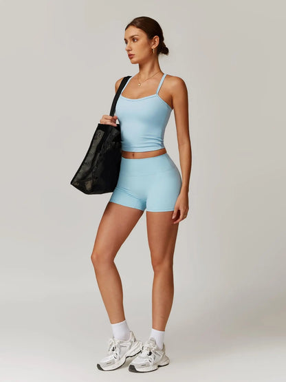 Two-Piece Set Women'S Solid Backless Cami Top & High Waist Shorts Tracksuit Set, Sleeveless Spaghetti Strap Crop Top & Skinny Shorts, Ladies Sportswear for Indoor Outdoor Wear, Gym Wear