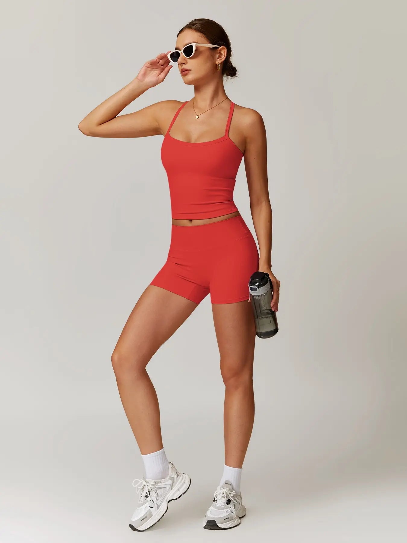 Two-Piece Set Women'S Solid Backless Cami Top & High Waist Shorts Tracksuit Set, Sleeveless Spaghetti Strap Crop Top & Skinny Shorts, Ladies Sportswear for Indoor Outdoor Wear, Gym Wear