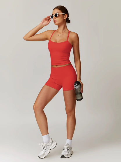 Two-Piece Set Women'S Solid Backless Cami Top & High Waist Shorts Tracksuit Set, Sleeveless Spaghetti Strap Crop Top & Skinny Shorts, Ladies Sportswear for Indoor Outdoor Wear, Gym Wear