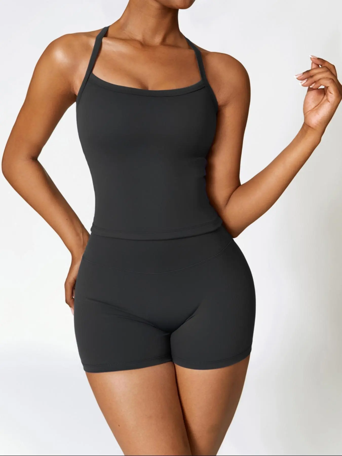 Two-Piece Set Women'S Solid Backless Cami Top & High Waist Shorts Tracksuit Set, Sleeveless Spaghetti Strap Crop Top & Skinny Shorts, Ladies Sportswear for Indoor Outdoor Wear, Gym Wear