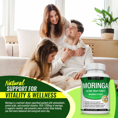 Toplux Moringa Capsules 1200mg - Premium Pure Moringa Powder for Immune and Digestive Health, 90 Capsules