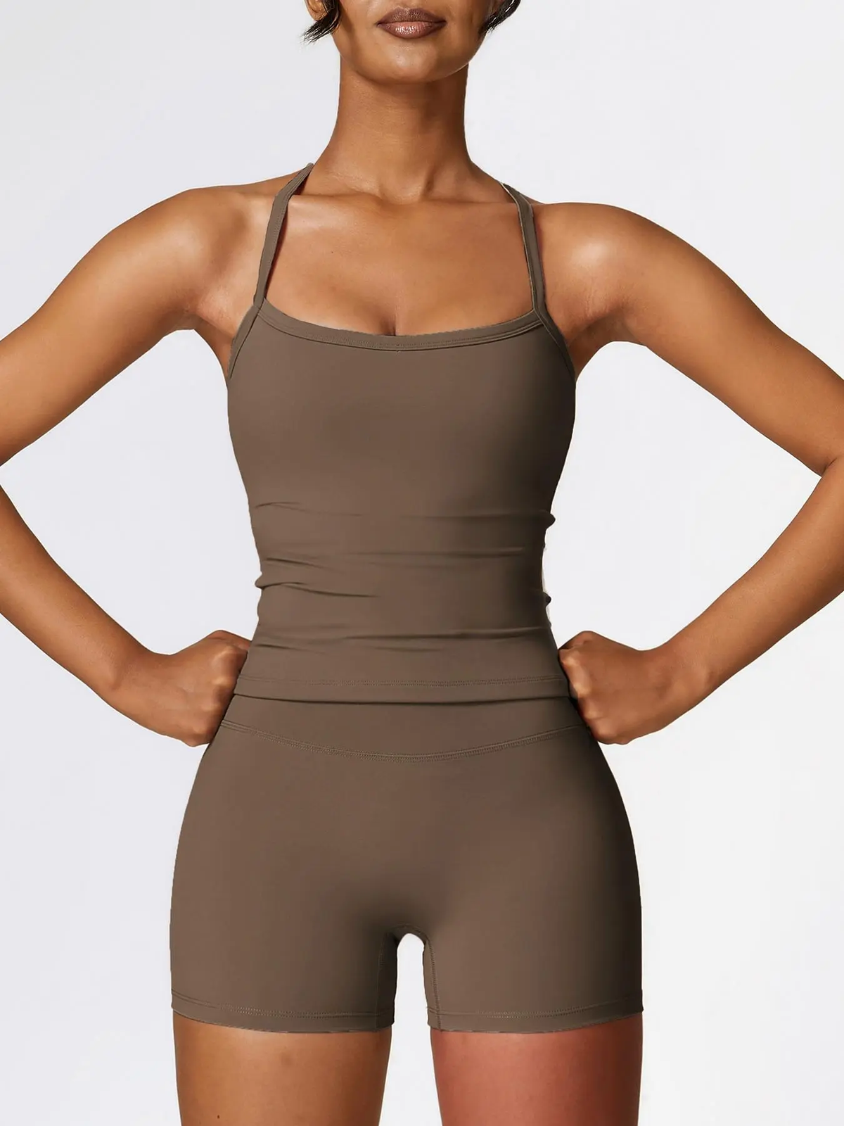 Two-Piece Set Women'S Solid Backless Cami Top & High Waist Shorts Tracksuit Set, Sleeveless Spaghetti Strap Crop Top & Skinny Shorts, Ladies Sportswear for Indoor Outdoor Wear, Gym Wear