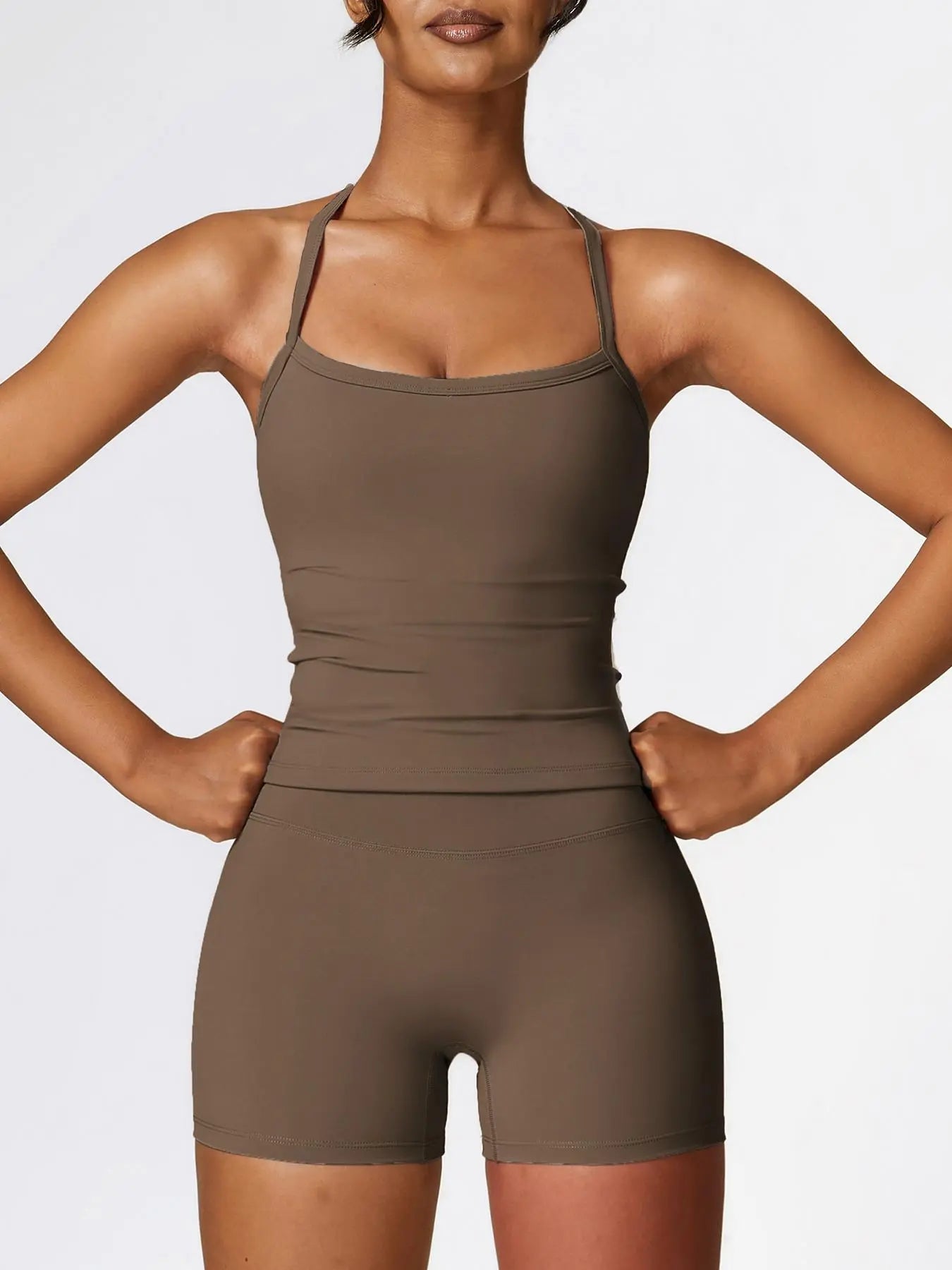 Two-Piece Set Women'S Solid Backless Cami Top & High Waist Shorts Tracksuit Set, Sleeveless Spaghetti Strap Crop Top & Skinny Shorts, Ladies Sportswear for Indoor Outdoor Wear, Gym Wear