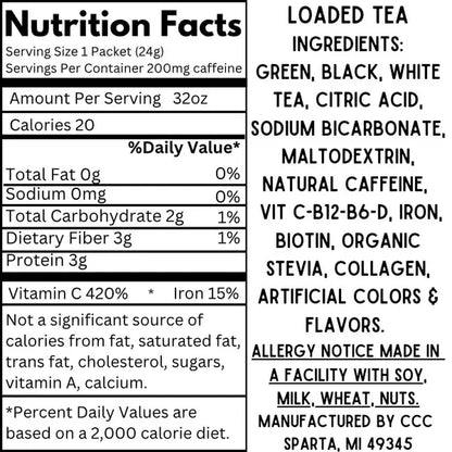 Loaded Tea - Single Serving Packet | 32 Oz Caffeinated Flavored Hydration Powder Beverage Mix | Made in the USA | Effortless Mixing